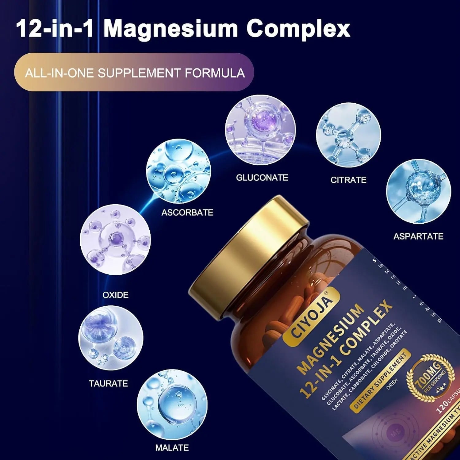 12 in 1 Magnesium Complex 700mg: Magnesium Supplement with Glycinate, Citrate, Malate, Taurate, High Absorption Magnesium for Sleep, Muscle Recovery, Nerve & Heart Support, Vegan, 120 Capsules - TrustMedUSA