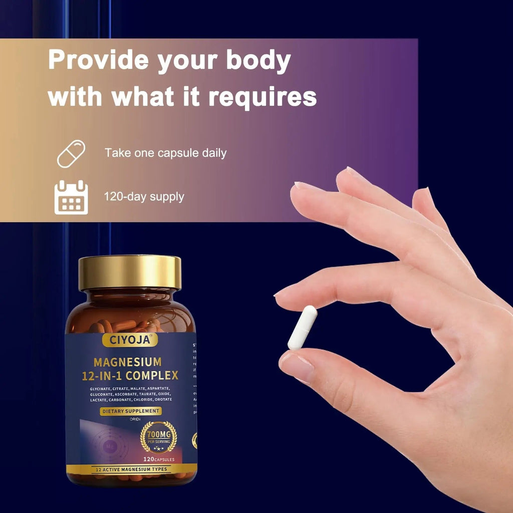 12-in-1 Magnesium Complex for Women Men: Magnesium Glycinate 700mg with Citrate, Malate Taurate Chelated Forms - High Absorption Magnesium Supplement for Relaxation Muscle Heart - 120 Vegan Capsules - TrustMedUSA