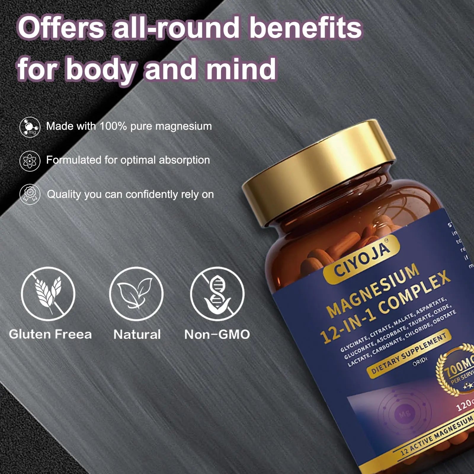 12-in-1 Magnesium Complex for Women Men: Magnesium Glycinate 700mg with Citrate, Malate Taurate Chelated Forms - High Absorption Magnesium Supplement for Relaxation Muscle Heart - 120 Vegan Capsules - TrustMedUSA