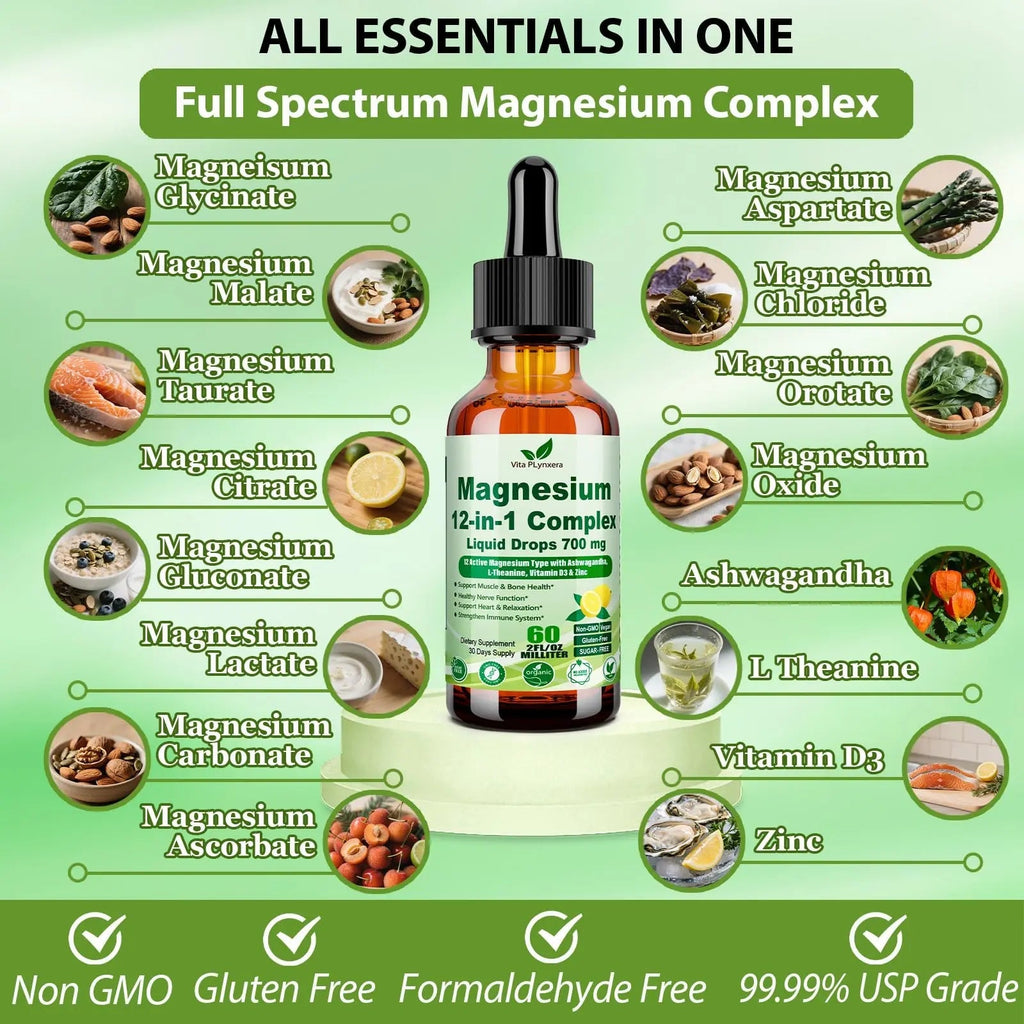 12-in-1 Magnesium Complex Liquid Drops, Chelated Magnesium Citrate Glycinate Taurate Malate Aspartate w. Ashwagandha Theanine D3 & Zinc for Relaxation Sleep Immune Health & Muscle Function丨Women Men. - TrustMedUSA
