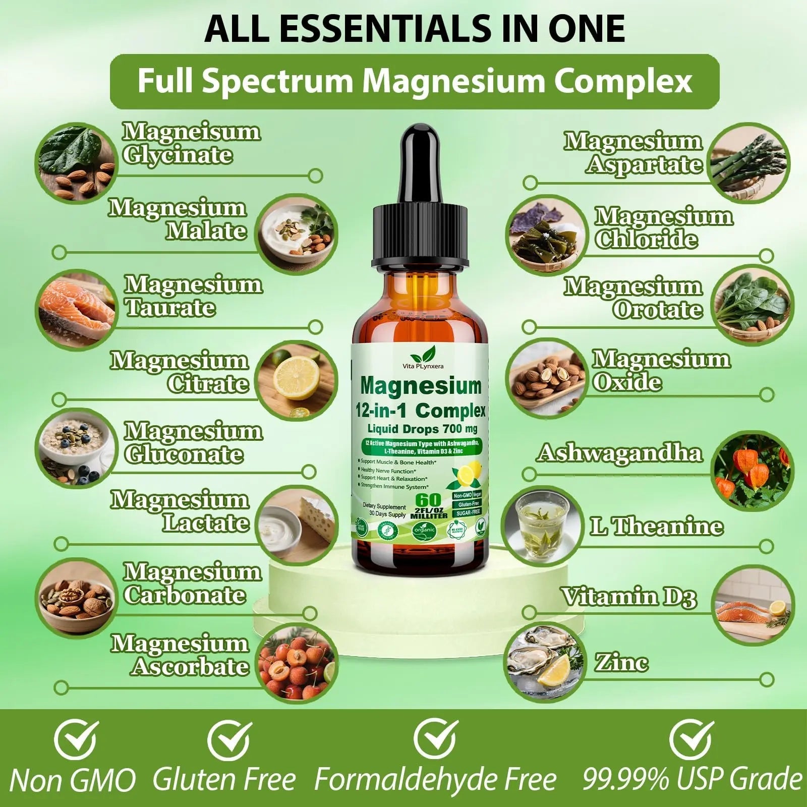 12-in-1 Magnesium Complex Liquid Drops, Chelated Magnesium Citrate Glycinate Taurate Malate Aspartate w. Ashwagandha Theanine D3 & Zinc for Relaxation Sleep Immune Health & Muscle Function丨Women Men. - TrustMedUSA