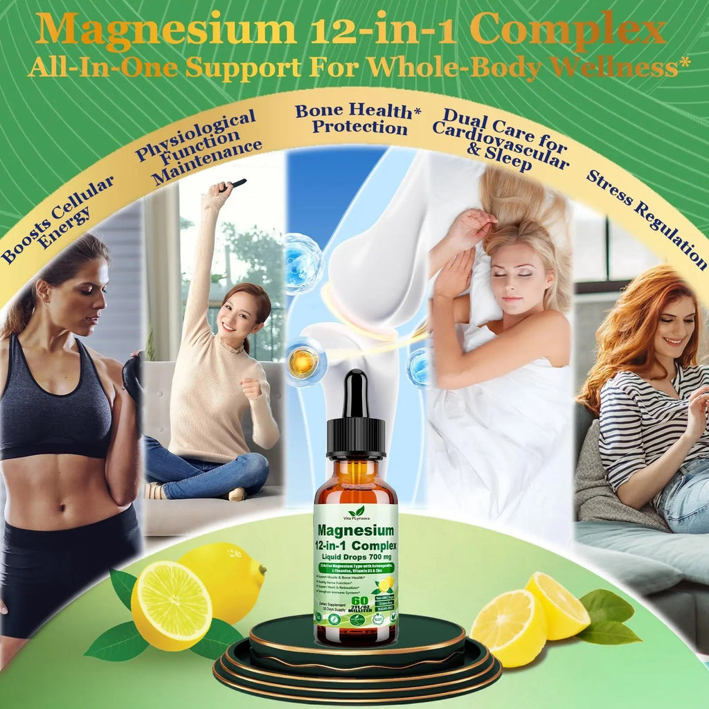 12-in-1 Magnesium Complex Liquid Drops, Chelated Magnesium Citrate Glycinate Taurate Malate Aspartate w. Ashwagandha Theanine D3 & Zinc for Relaxation Sleep Immune Health & Muscle Function丨Women Men. - TrustMedUSA