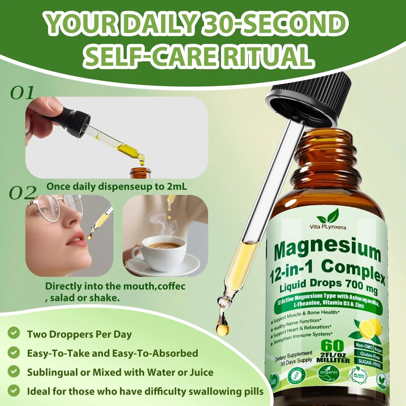 12-in-1 Magnesium Complex Liquid Drops, Chelated Magnesium Citrate Glycinate Taurate Malate Aspartate w. Ashwagandha Theanine D3 & Zinc for Relaxation Sleep Immune Health & Muscle Function丨Women Men. - TrustMedUSA