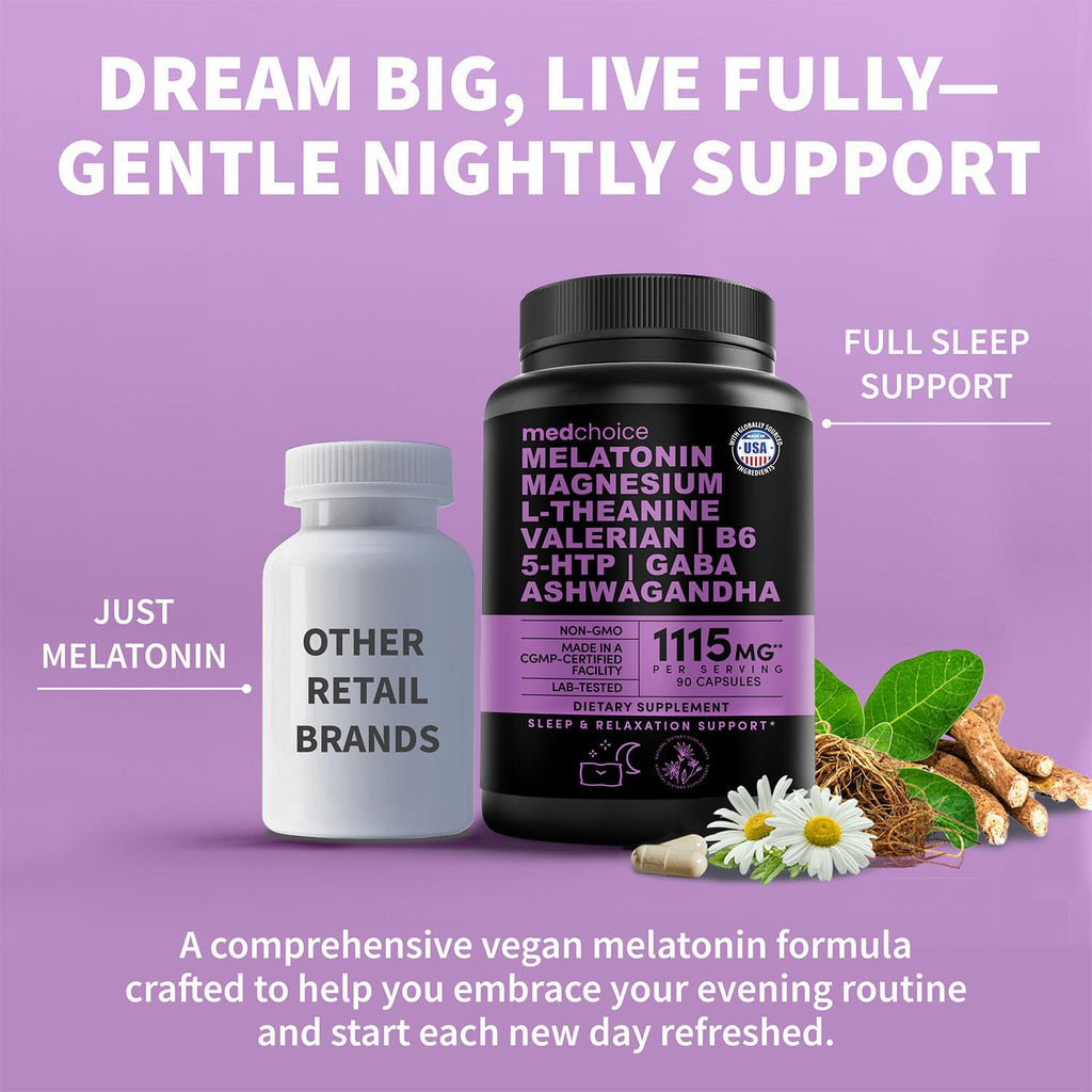 12-in-1 Melatonin Sleep Capsules - Natural Sleep Aids for Adults with Melatonin 5mg and Magnesium Glycinate 500mg, Sleep Aid with Ashwagandha, L Theanine, Valerian Root, GABA, 5-HTP (90ct, Pack of 1) - TrustMedUSA
