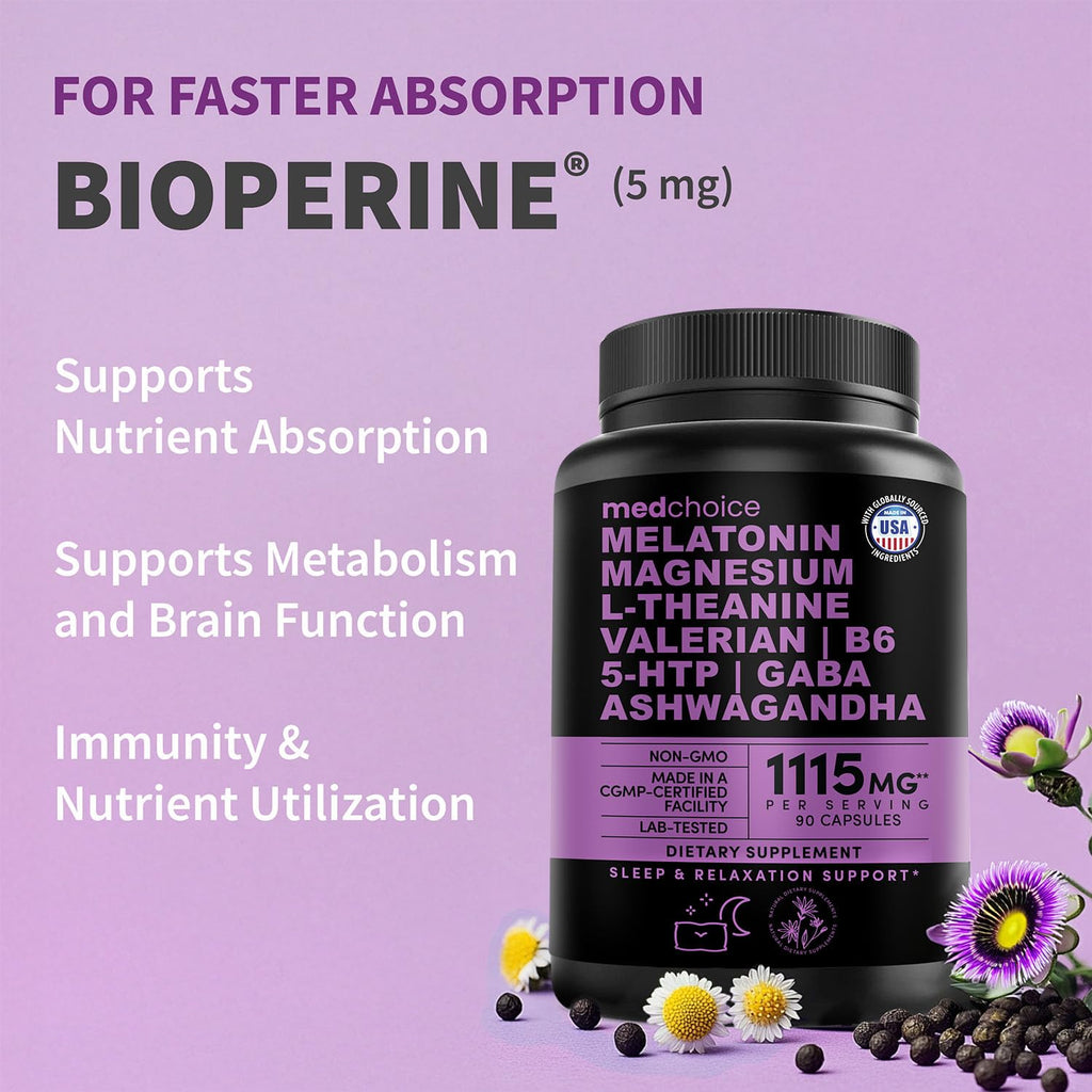 12-in-1 Melatonin Sleep Capsules - Natural Sleep Aids for Adults with Melatonin 5mg and Magnesium Glycinate 500mg, Sleep Aid with Ashwagandha, L Theanine, Valerian Root, GABA, 5-HTP (90ct, Pack of 1) - TrustMedUSA
