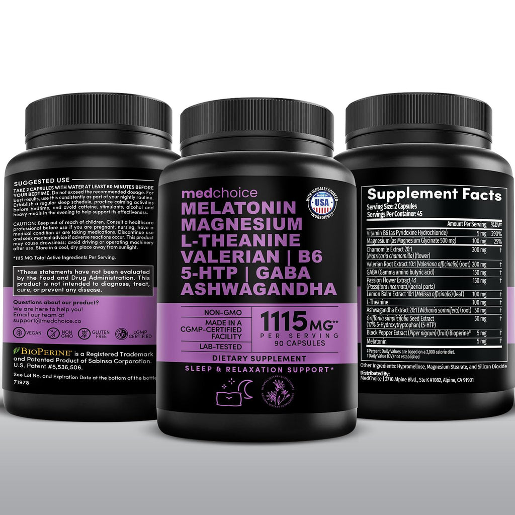 12-in-1 Melatonin Sleep Capsules - Natural Sleep Aids for Adults with Melatonin 5mg and Magnesium Glycinate 500mg, Sleep Aid with Ashwagandha, L Theanine, Valerian Root, GABA, 5-HTP (90ct, Pack of 1) - TrustMedUSA