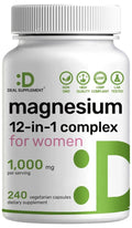 12‑in‑1 Magnesium Complex for Women 1,000 mg, 240 Vegetarian Capsules | Magnesium Glycinate, Citrate, Malate, Taurate, Orotate, Oxide & More | Chelated & Purified for Better Absorption - TrustMedUSA