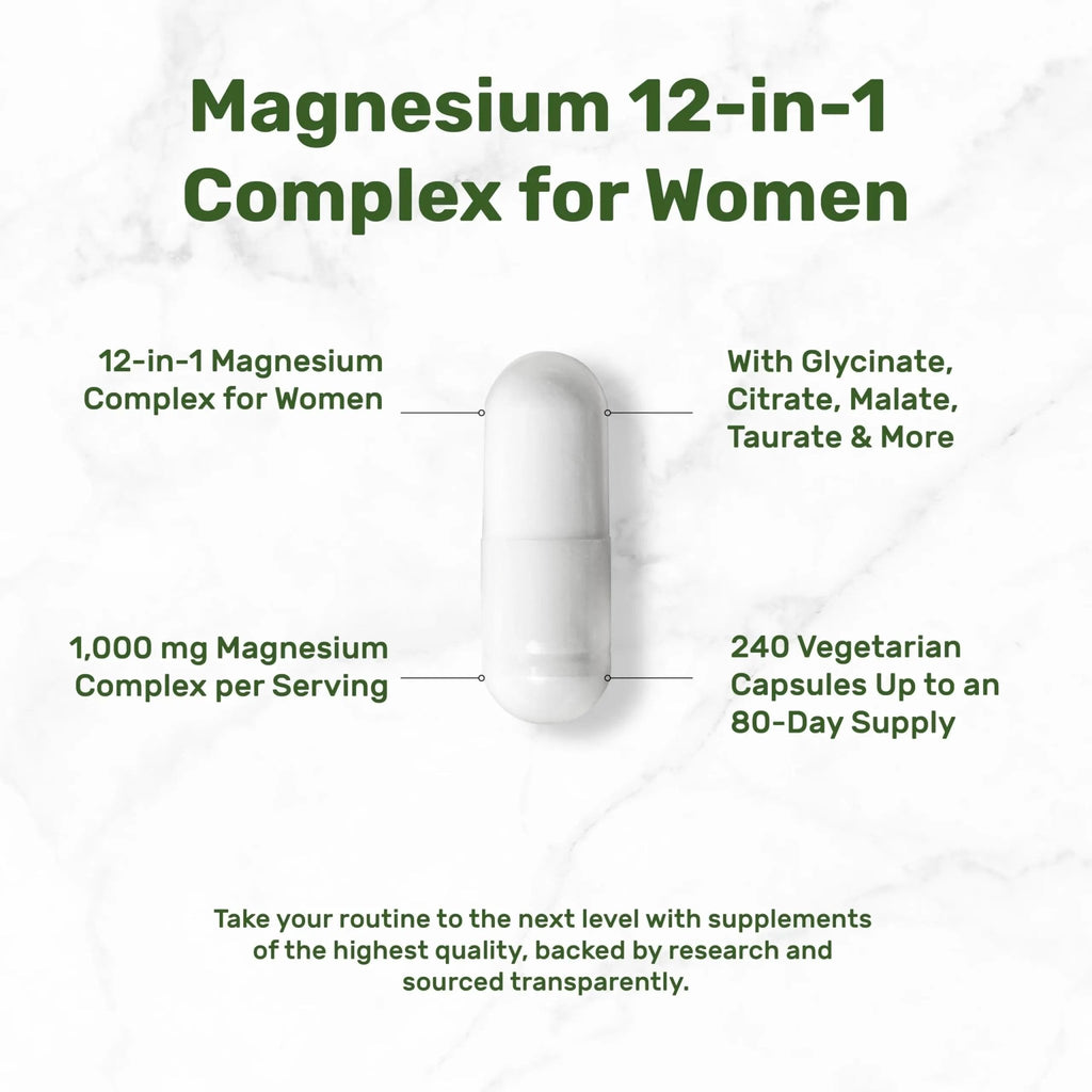 12‑in‑1 Magnesium Complex for Women 1,000 mg, 240 Vegetarian Capsules | Magnesium Glycinate, Citrate, Malate, Taurate, Orotate, Oxide & More | Chelated & Purified for Better Absorption - TrustMedUSA