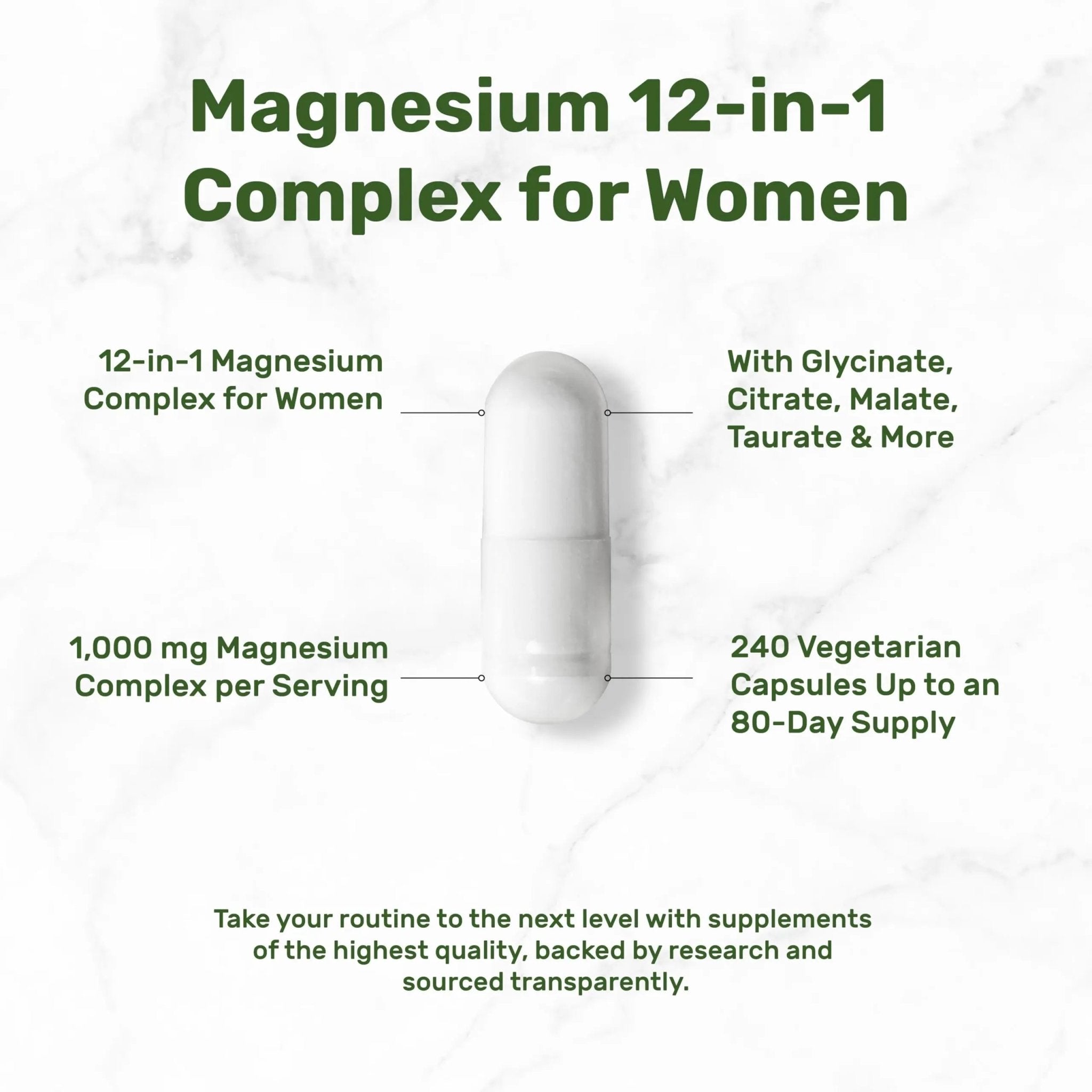 12‑in‑1 Magnesium Complex for Women 1,000 mg, 240 Vegetarian Capsules | Magnesium Glycinate, Citrate, Malate, Taurate, Orotate, Oxide & More | Chelated & Purified for Better Absorption - TrustMedUSA