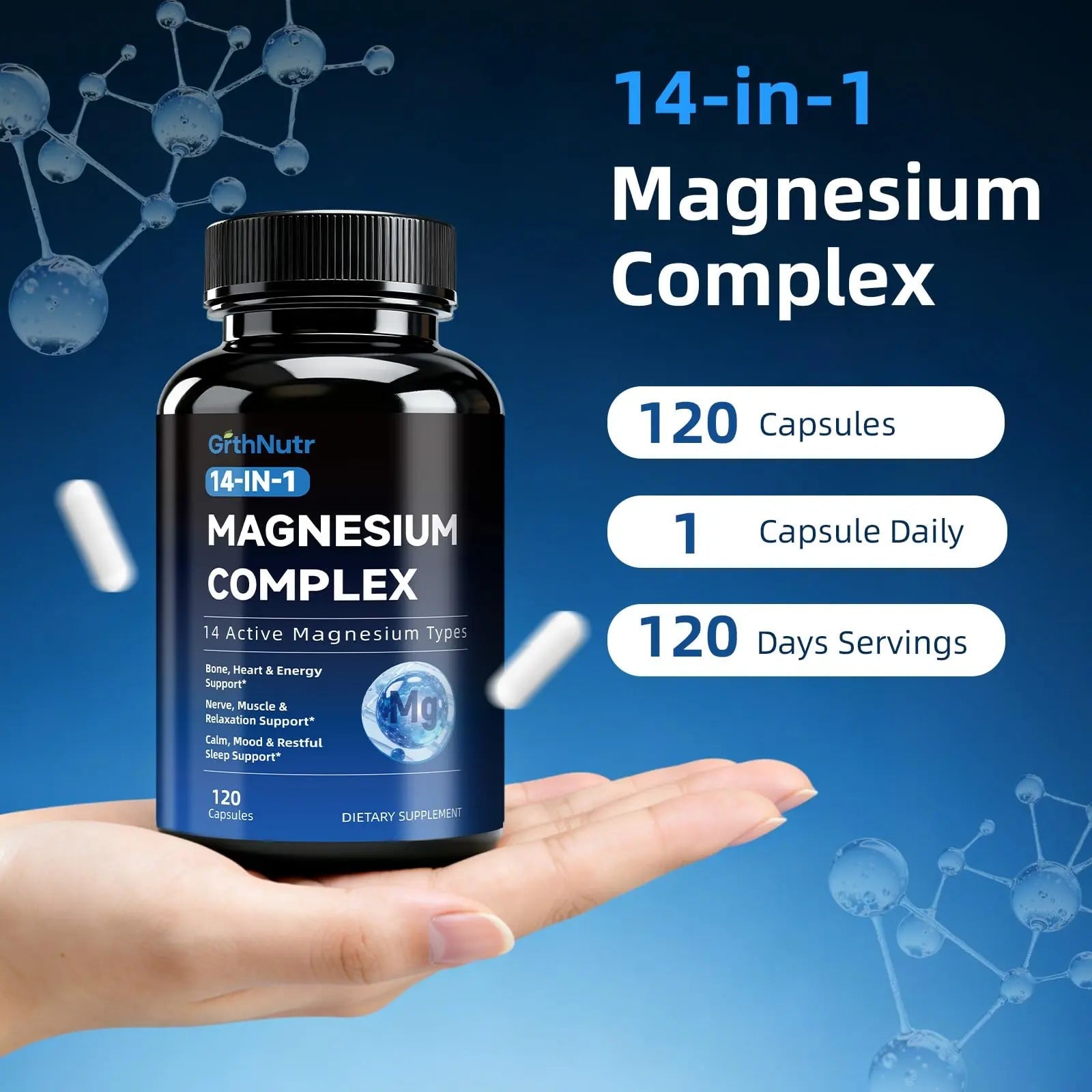 14-in-1 Magnesium Complex Supplement, 1200mg Elemental Magnesium Glycinate, Citrate, Malate, Taurate - Magnesium Complex for Women Nerves, Bone & Heart Health | Non-GMO - TrustMedUSA