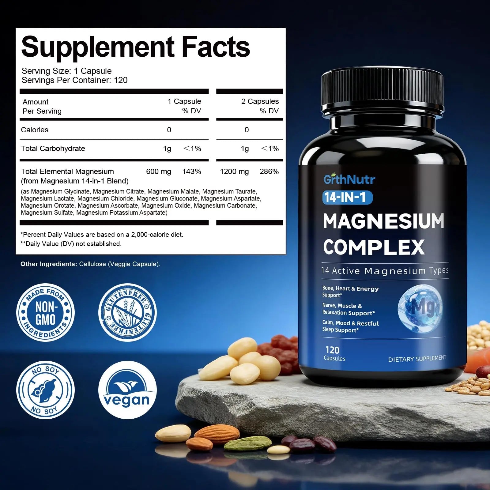 14-in-1 Magnesium Complex Supplement, 1200mg Elemental Magnesium Glycinate, Citrate, Malate, Taurate - Magnesium Complex for Women Nerves, Bone & Heart Health | Non-GMO - TrustMedUSA