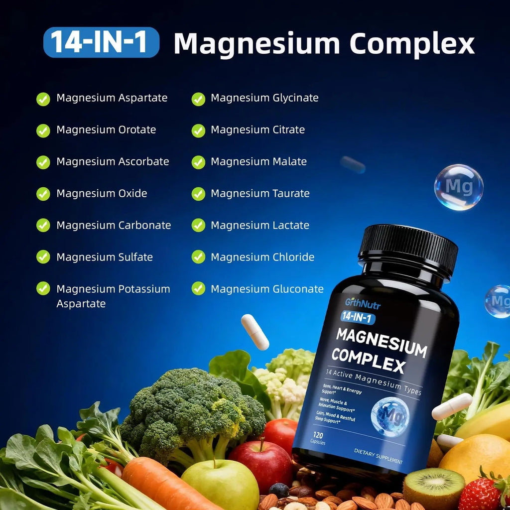 14-in-1 Magnesium Complex Supplement, 1200mg Elemental Magnesium Glycinate, Citrate, Malate, Taurate - Magnesium Complex for Women Nerves, Bone & Heart Health | Non-GMO - TrustMedUSA