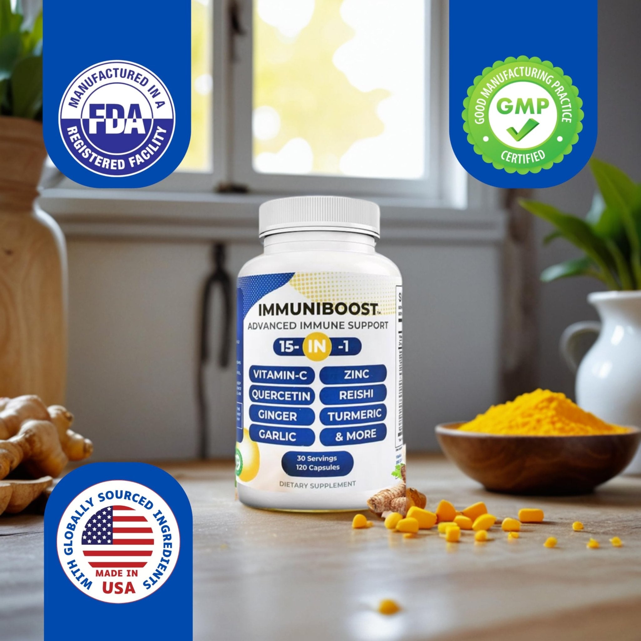 15 in 1 Immune Support Supplement 120 Capsules with Powerful Blend of Turmeric, Ginger, Vitamin C and Zinc Immune Booster for Adults - TrustMedUSA