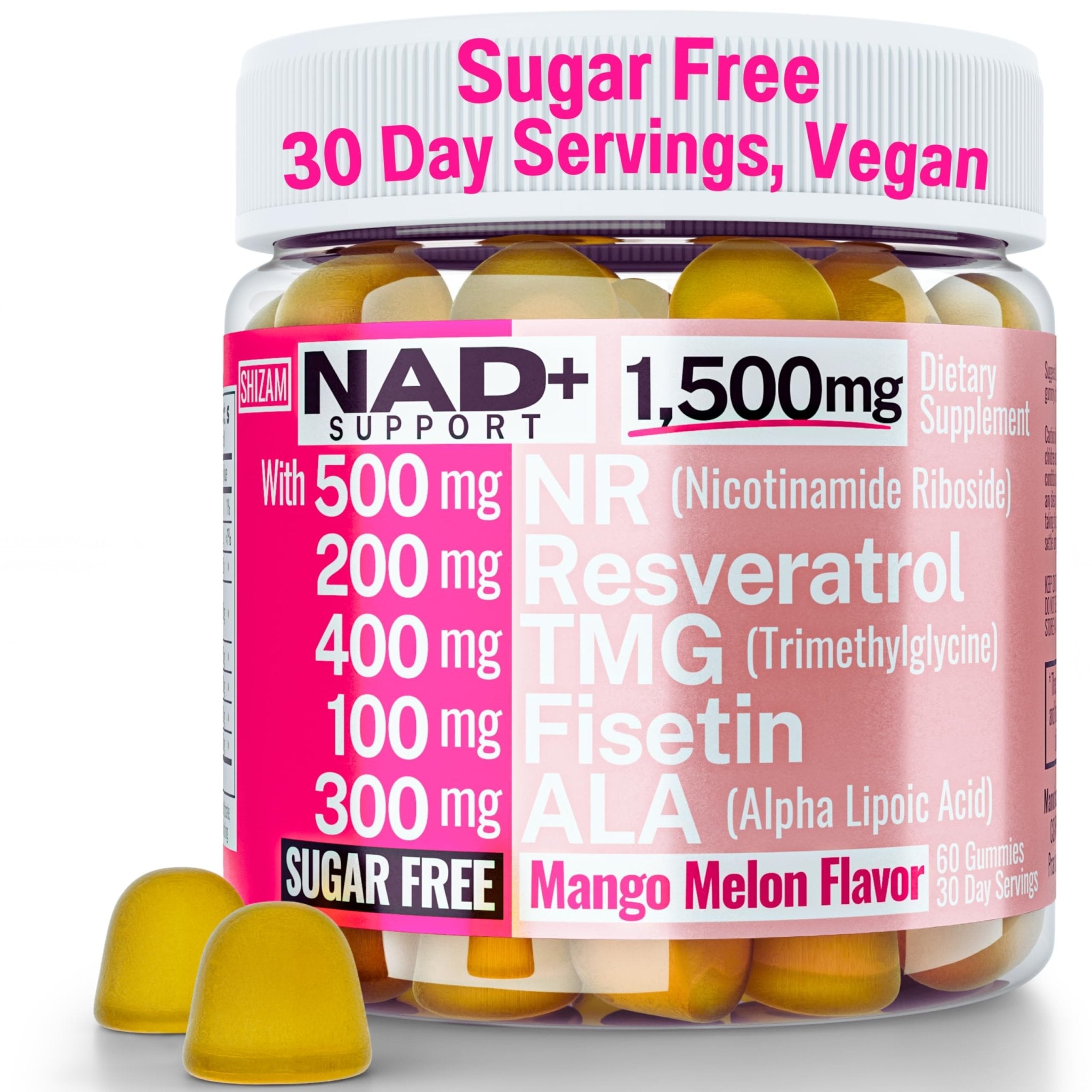 1500mg NAD+ Sugar Free Gummies | NAD + Plus NR TMG ALA Trans-Resveratrol Fisetin Supplements | Nicotinamide Riboside Trimethylglycine Alpha Lipoic Acid Betaine Pills Capsules Tincture Supplement Alt - TrustMedUSA
