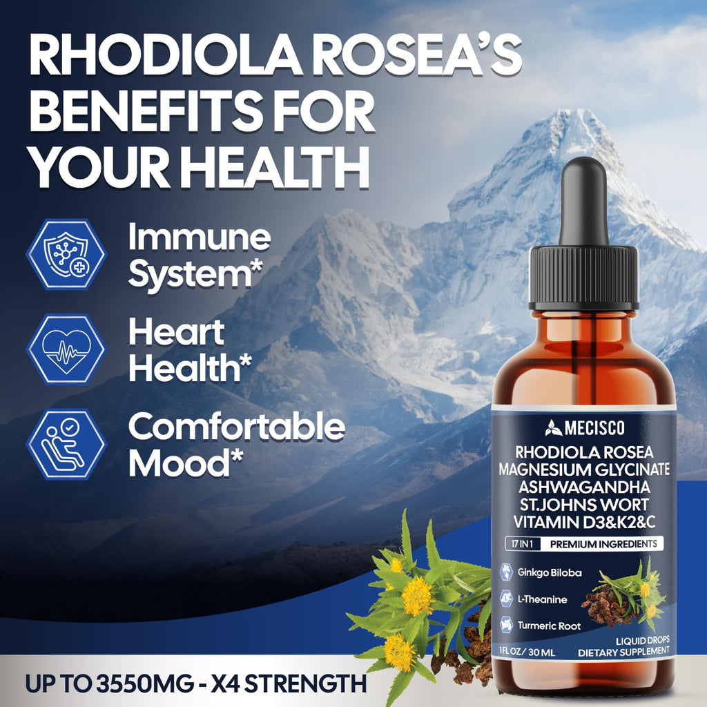 17in1 Rhodiola Rosea Liquid Drops with blend Ashwagandha Magnesium, L-Theanine. Ultra Strength Rhodiola Cortisol Supplement, Rhodiola Root for Support Relaxation, Mood, Energy - 1 FL Oz - 60 Day - TrustMedUSA