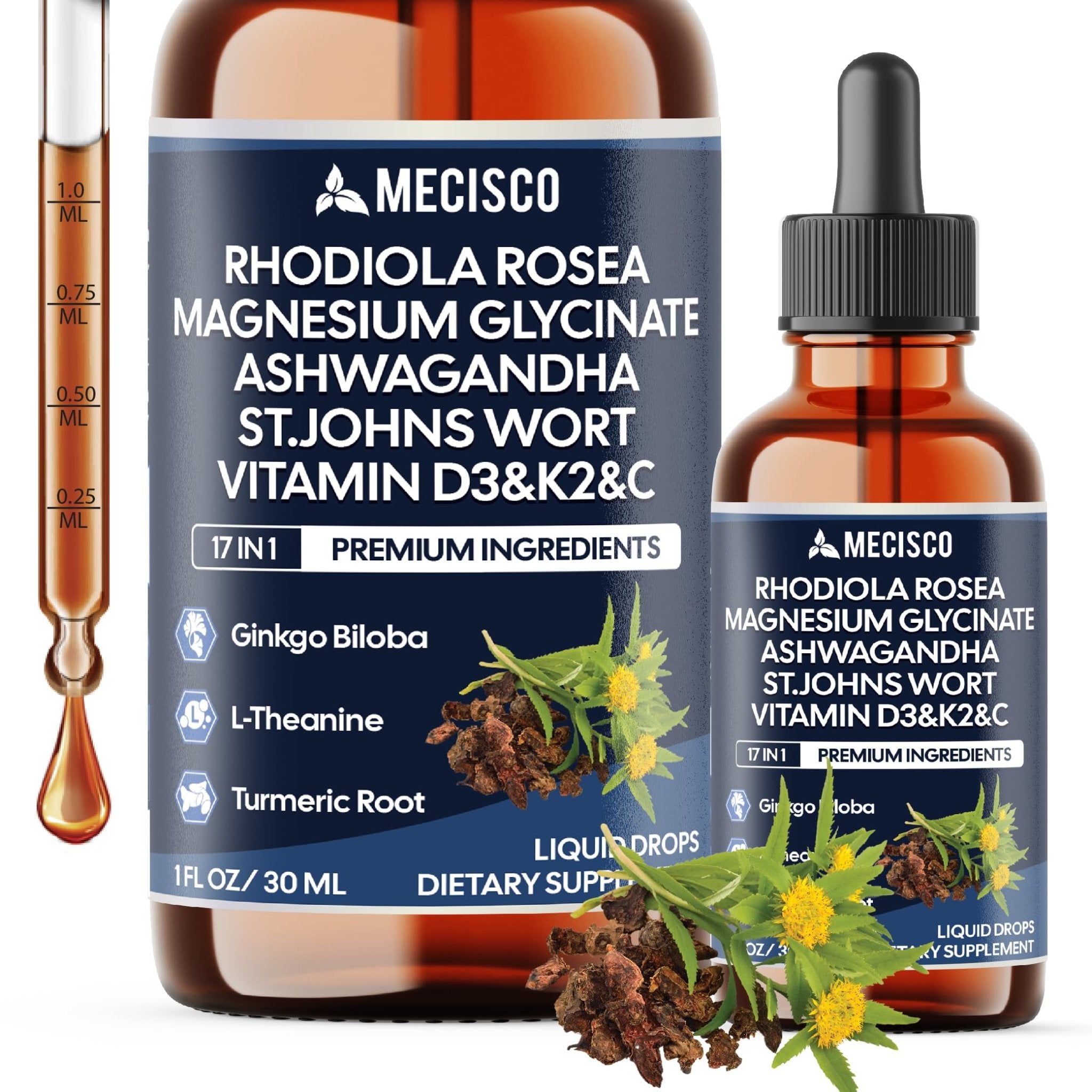 17in1 Rhodiola Rosea Liquid Drops with blend Ashwagandha Magnesium, L-Theanine. Ultra Strength Rhodiola Cortisol Supplement, Rhodiola Root for Support Relaxation, Mood, Energy - 1 FL Oz - 60 Day - TrustMedUSA