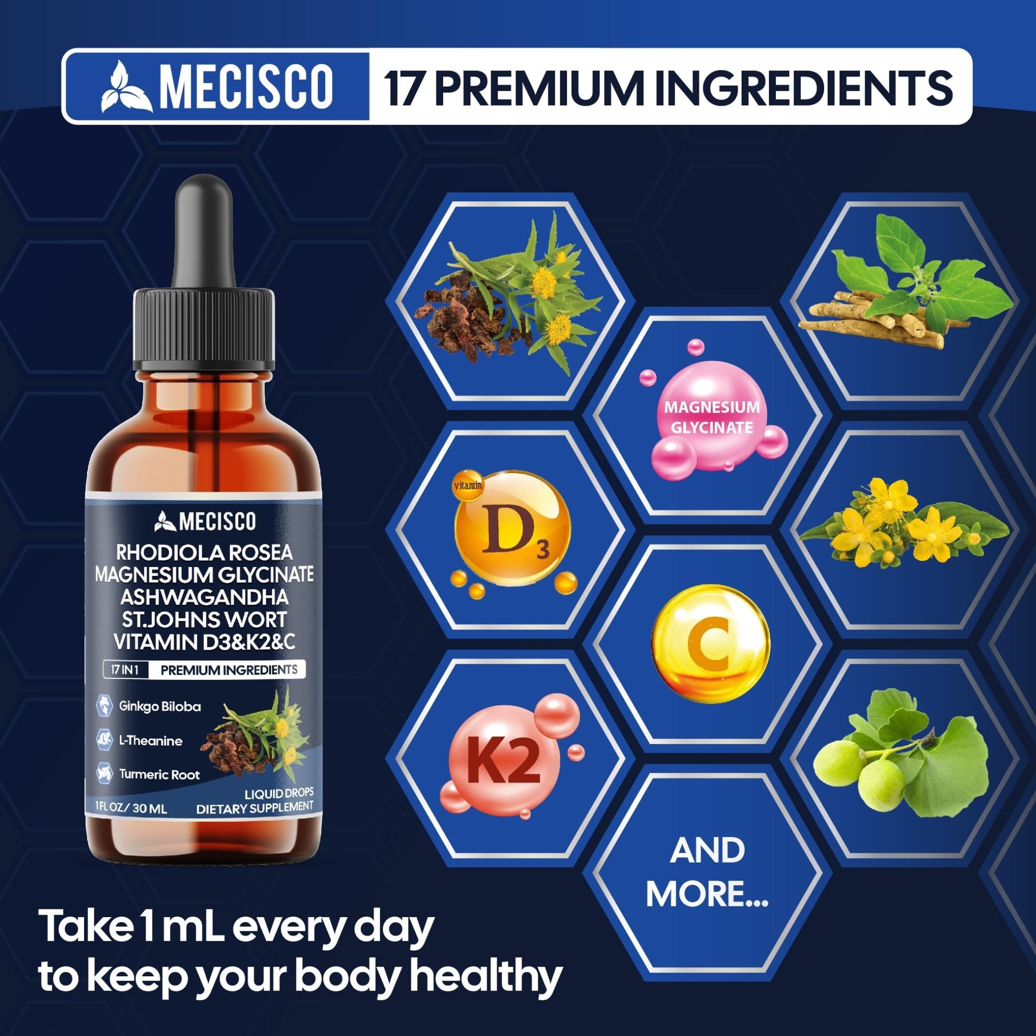 17in1 Rhodiola Rosea Liquid Drops with blend Ashwagandha Magnesium, L-Theanine. Ultra Strength Rhodiola Cortisol Supplement, Rhodiola Root for Support Relaxation, Mood, Energy - 1 FL Oz - 60 Day - TrustMedUSA