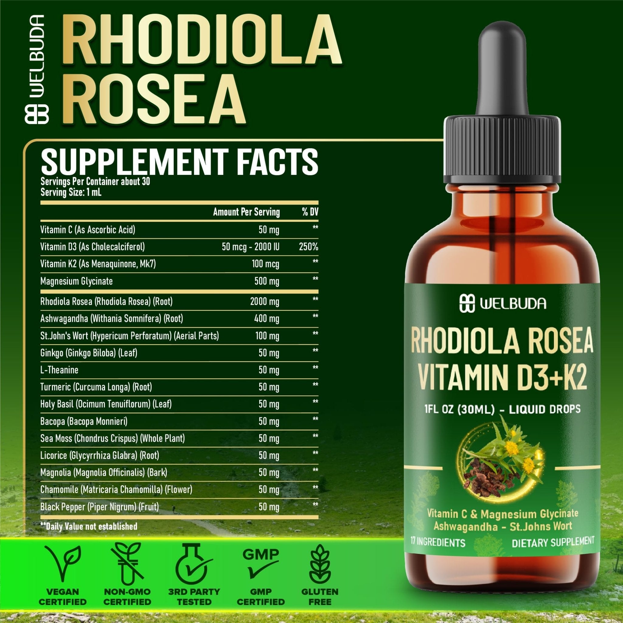 17in1 Rhodiola Rosea Liquid Supplement with Ashwagandha, Magnesium Glycine, L-Theanine, Vitamin C, Vitamin D3, Vitamin K2, Ginkgo, Turmeric, Holy Basil and More - 1 FL Oz - 60 Day Supply - TrustMedUSA