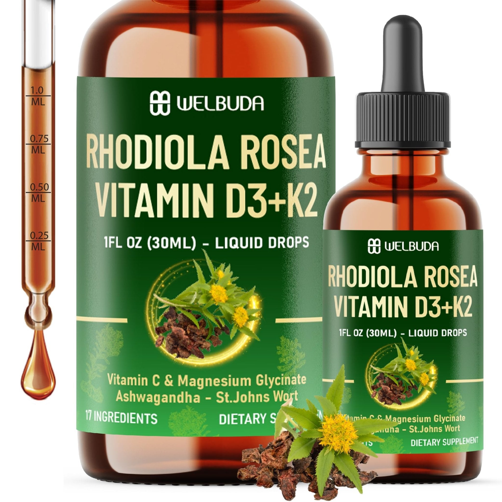 17in1 Rhodiola Rosea Liquid Supplement with Ashwagandha, Magnesium Glycine, L-Theanine, Vitamin C, Vitamin D3, Vitamin K2, Ginkgo, Turmeric, Holy Basil and More - 1 FL Oz - 60 Day Supply - TrustMedUSA