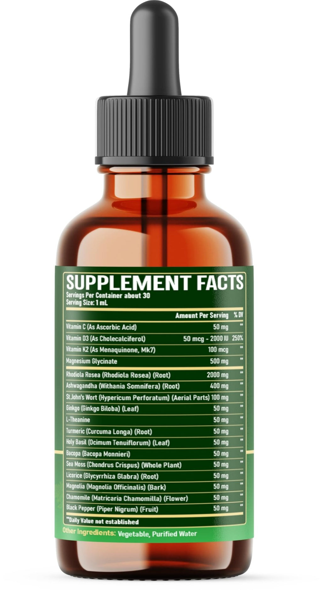 17in1 Rhodiola Rosea Liquid Supplement with Ashwagandha, Magnesium Glycine, L-Theanine, Vitamin C, Vitamin D3, Vitamin K2, Ginkgo, Turmeric, Holy Basil and More - 1 FL Oz - 60 Day Supply - TrustMedUSA