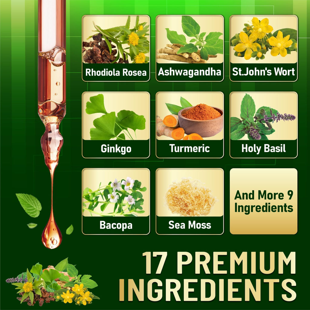17in1 Rhodiola Rosea Liquid Supplement with Ashwagandha, Magnesium Glycine, L-Theanine, Vitamin C, Vitamin D3, Vitamin K2, Ginkgo, Turmeric, Holy Basil and More - 1 FL Oz - 60 Day Supply - TrustMedUSA