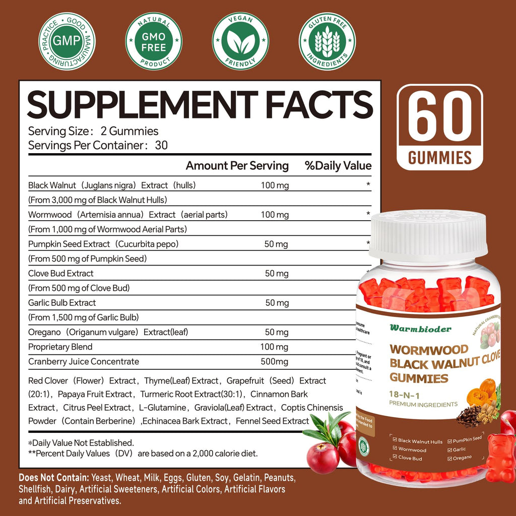 18-in-1 Wormwood Black Walnut Clove Gummies for Adults,Liver Support,with Pumpkin Seed Oil,Rapid Gut Cleanse & Digestive Health with Clove,Garlic,Turmeric,Oregano,Cranberry Extract - TrustMedUSA