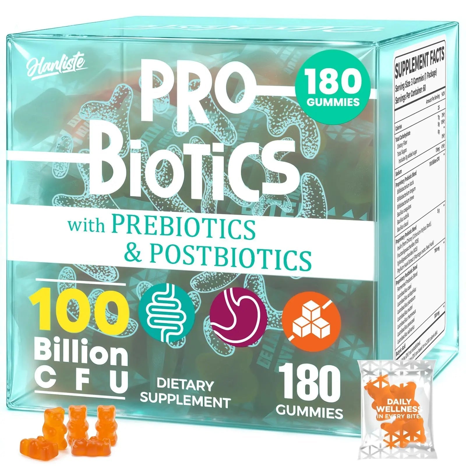 (180 Count) Probiotic Gummies, 19 in 1 Prebiotics Postbiotic Probiotic Gummies, 100 Billion CFU Probiotics for Women Men, Complete Immune, Gut & Digestive Support*, Sugar Free, Vegan - Maple Wellness Supplements