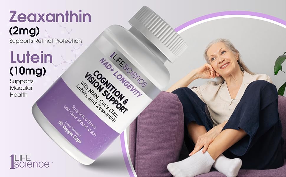 1LifeScience Cognition & Vision Support Supplement – NMN, Lion’s Mane, Cat’s Claw, Apigenin, PQQ & Lutein – NAD+ Support Formula – cGMP Made in USA – 60 Caps - TrustMedUSA