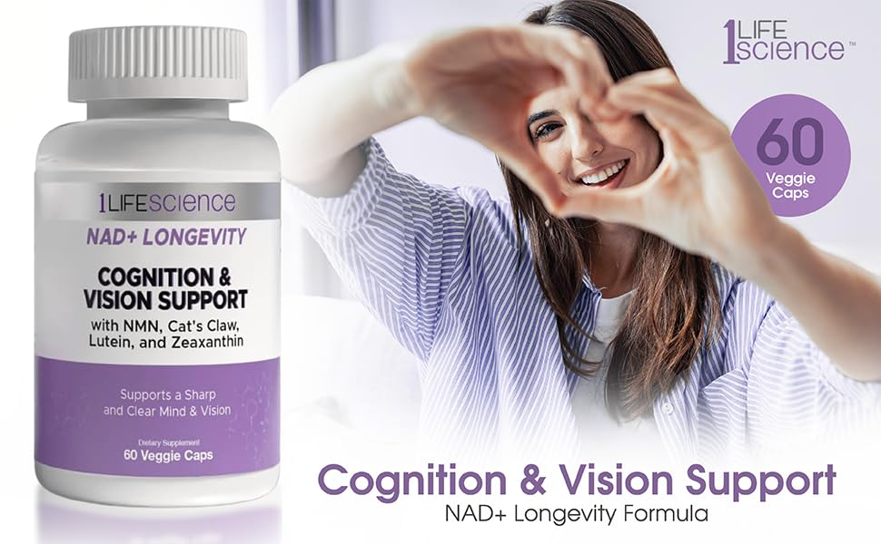 1LifeScience Cognition & Vision Support Supplement – NMN, Lion’s Mane, Cat’s Claw, Apigenin, PQQ & Lutein – NAD+ Support Formula – cGMP Made in USA – 60 Caps - TrustMedUSA