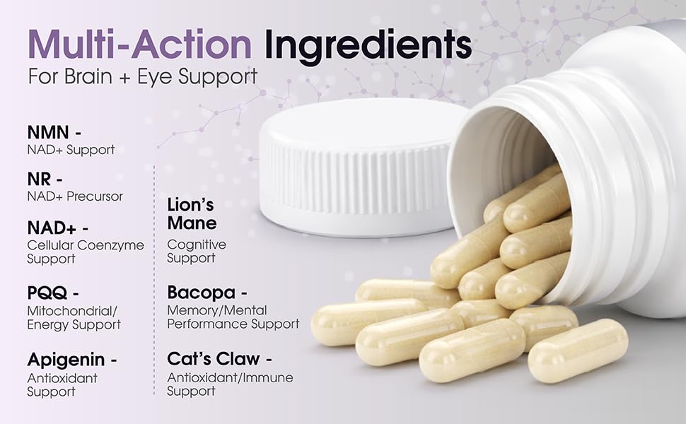 1LifeScience Cognition & Vision Support Supplement – NMN, Lion’s Mane, Cat’s Claw, Apigenin, PQQ & Lutein – NAD+ Support Formula – cGMP Made in USA – 60 Caps - TrustMedUSA