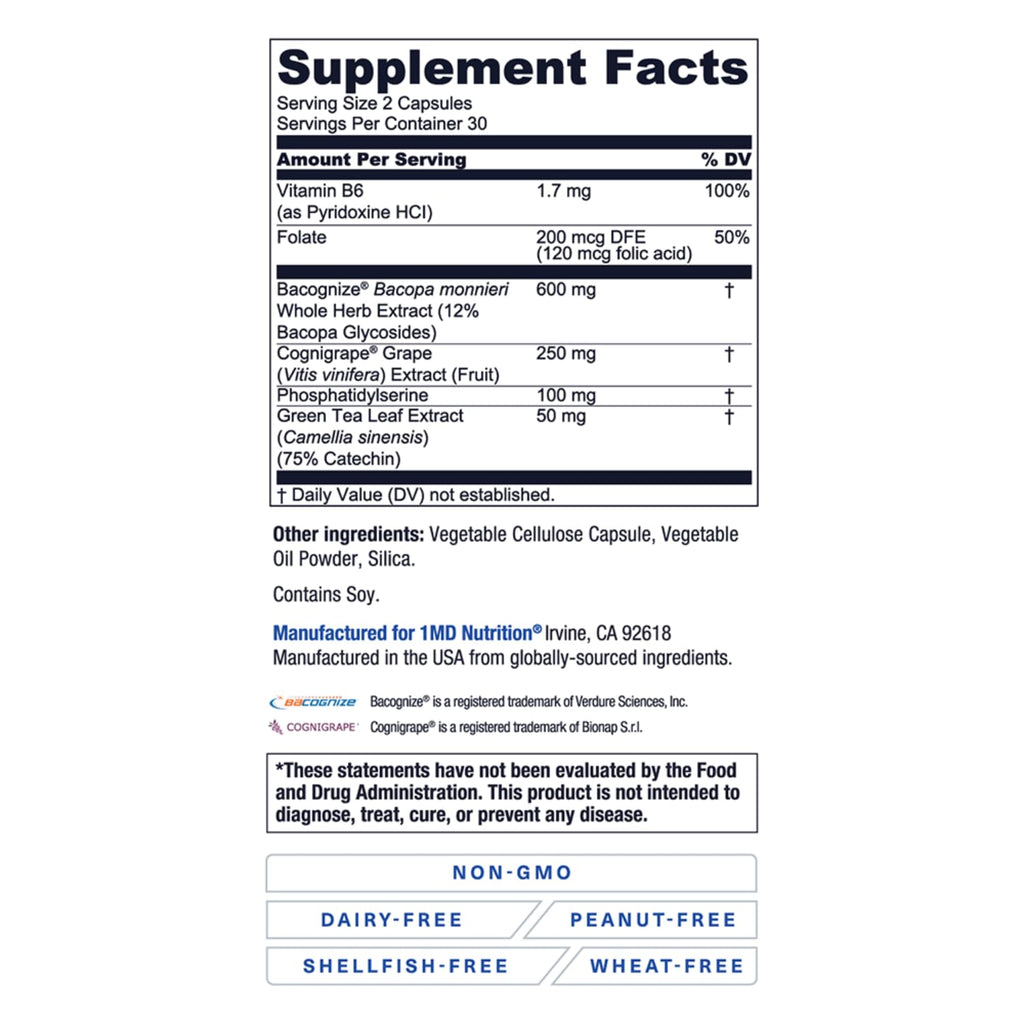 1MD Nutrition MindMD - Brain Supplement for Memory and Focus - Bacopa Monnieri for Nootropic Brain Support - Brain Health Supplement for Adults - with Vitamin B6 & Green Tea Extract - 60 Caps - TrustMedUSA