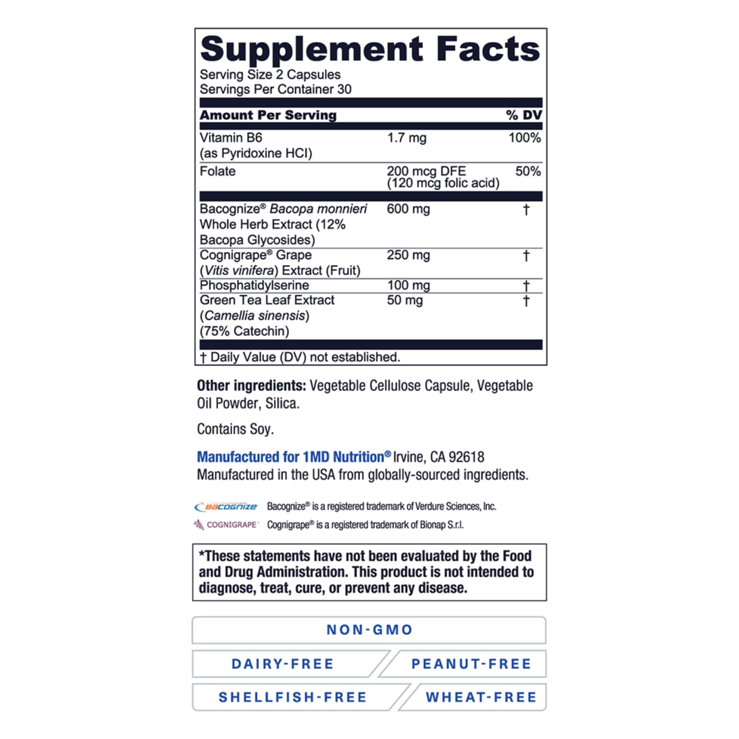 1MD Nutrition MindMD - Brain Supplement for Memory and Focus - Bacopa Monnieri for Nootropic Brain Support - Brain Health Supplement for Adults - with Vitamin B6 & Green Tea Extract - 60 Caps - TrustMedUSA