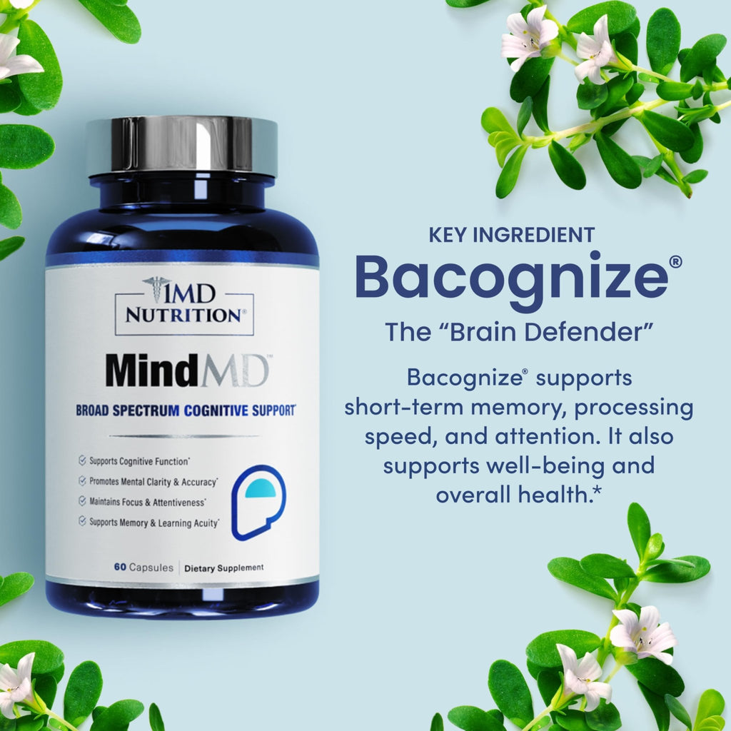 1MD Nutrition MindMD - Brain Supplement for Memory and Focus - Bacopa Monnieri for Nootropic Brain Support - Brain Health Supplement for Adults - with Vitamin B6 & Green Tea Extract - 60 Caps - TrustMedUSA