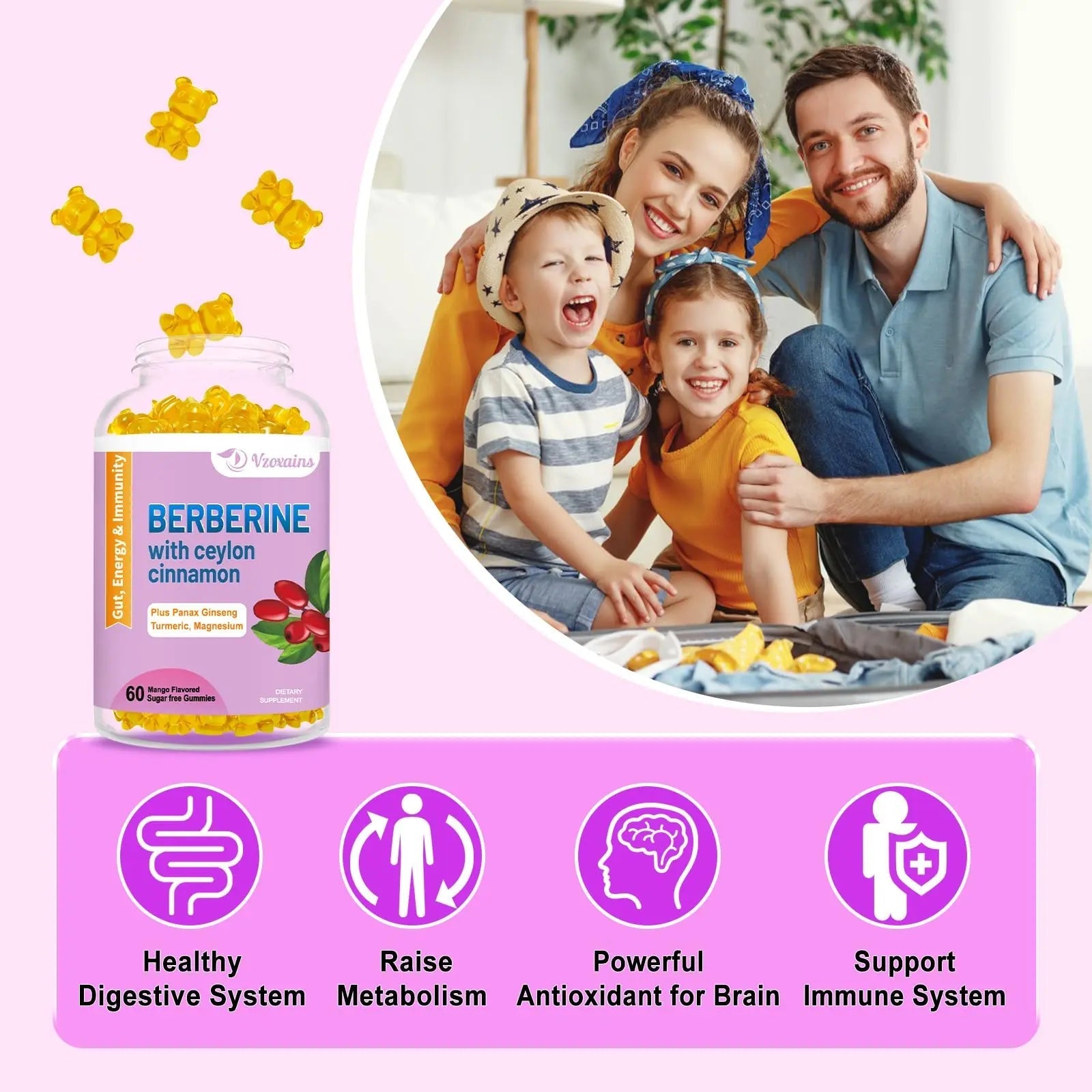 2 Pack Berberine with Ceylon Cinnamon Gummies, 2000mg High Potency Berberine HCI - TrustMedUSA