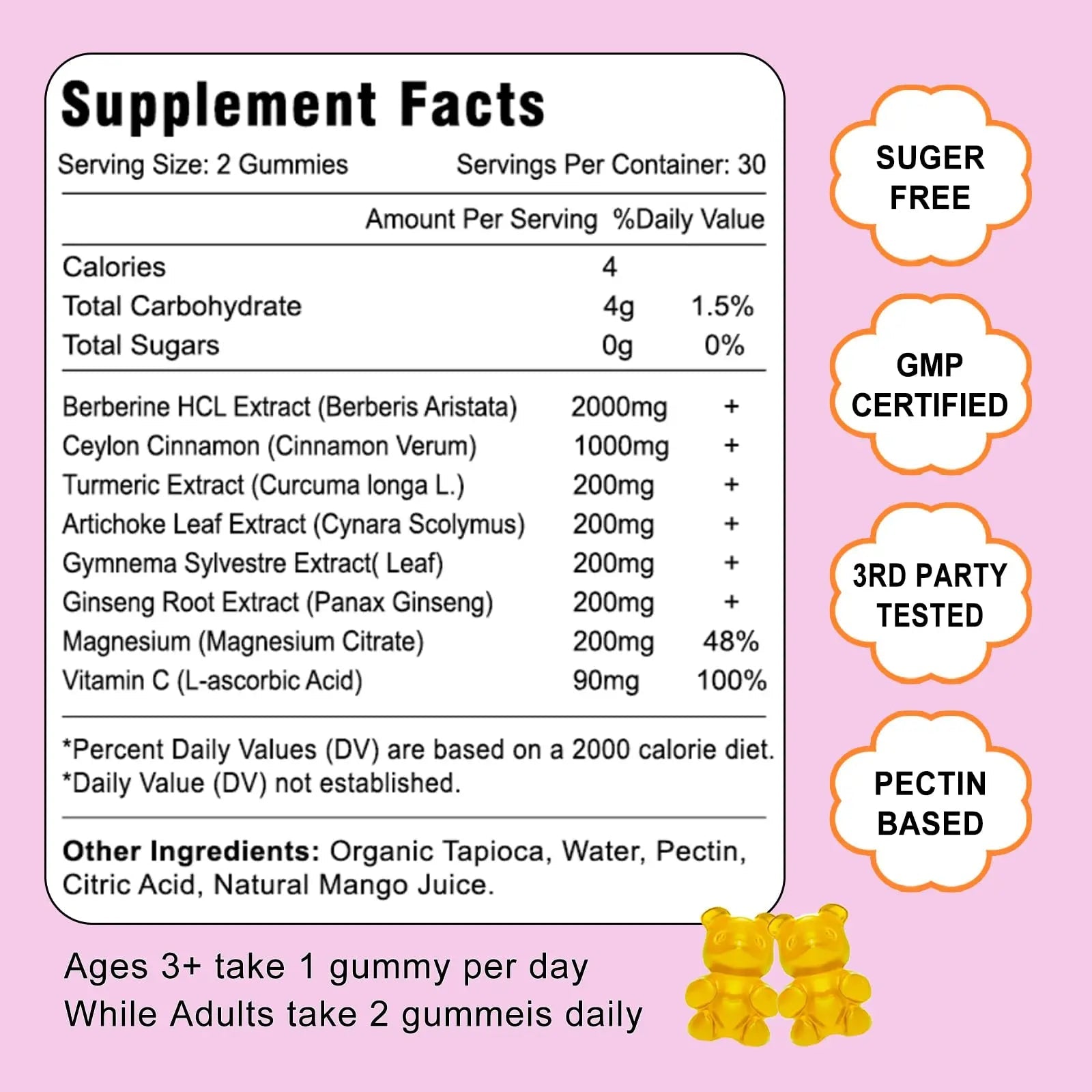 2 Pack Berberine with Ceylon Cinnamon Gummies, 2000mg High Potency Berberine HCI - TrustMedUSA