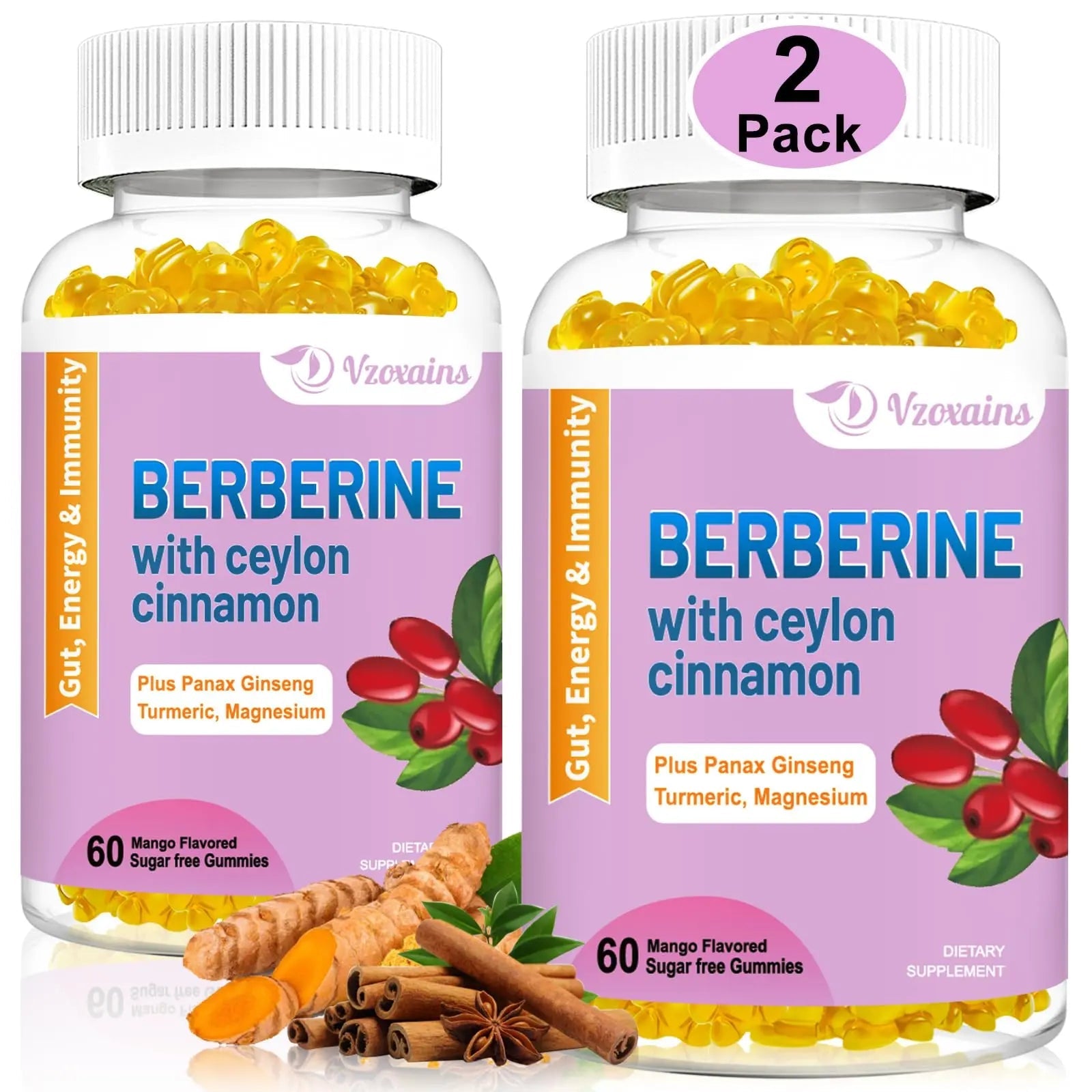 2 Pack Berberine with Ceylon Cinnamon Gummies, 2000mg High Potency Berberine HCI - TrustMedUSA