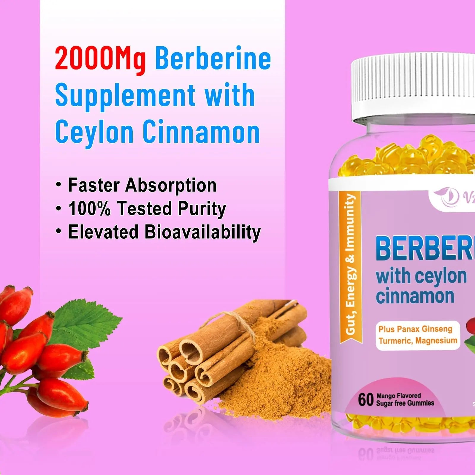 2 Pack Berberine with Ceylon Cinnamon Gummies, 2000mg High Potency Berberine HCI - TrustMedUSA