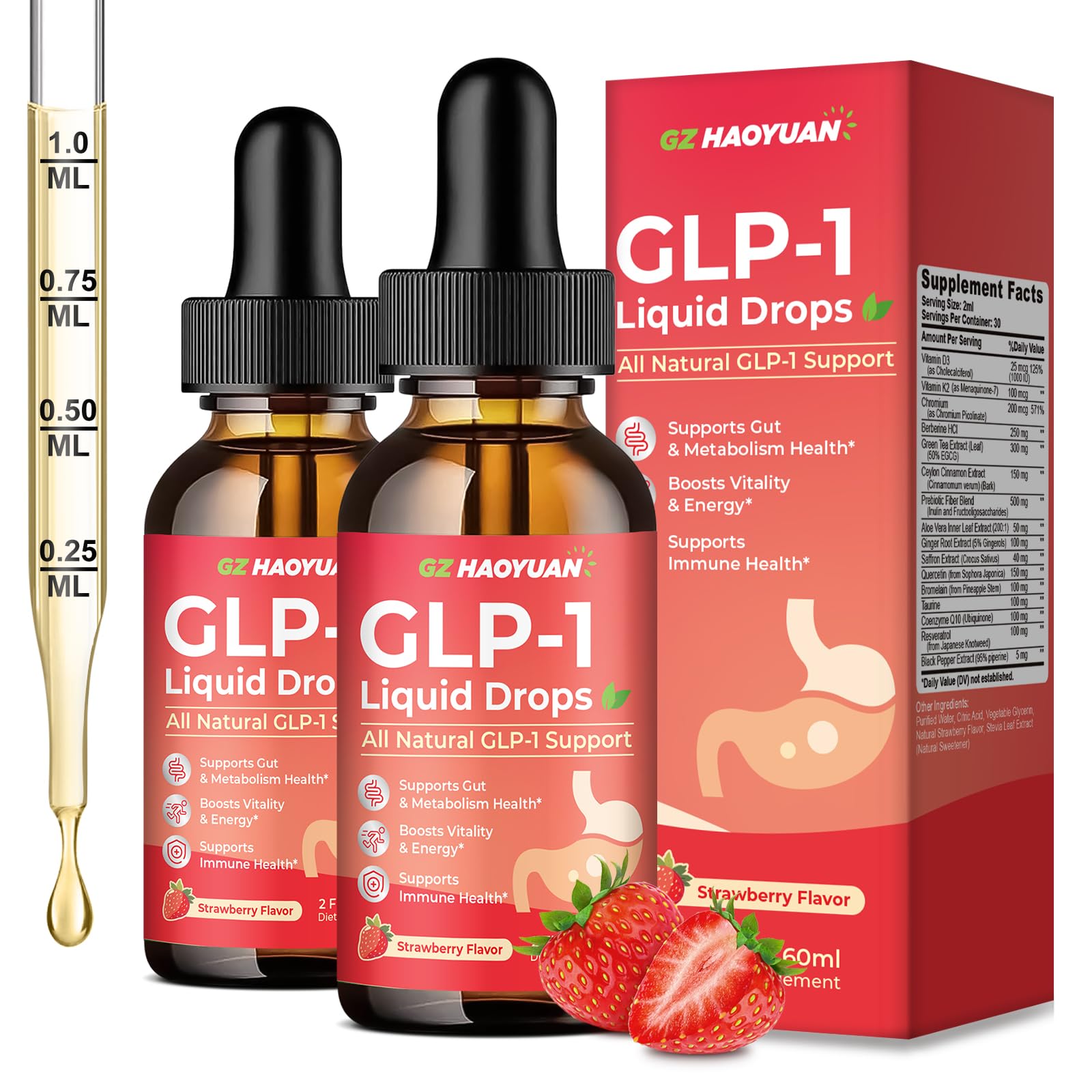 2 Pack GLP-1 Supplement, 16-in-1 GLP-1 Liquid Drops with Berberine, Ceylon Cinnamon, Green Tea, Chromium & Resveratrol, Naturally GLP 1 Support for Metabolism, Gut Digestion, Stawberry Flavor, 4 Fl Oz - TrustMedUSA