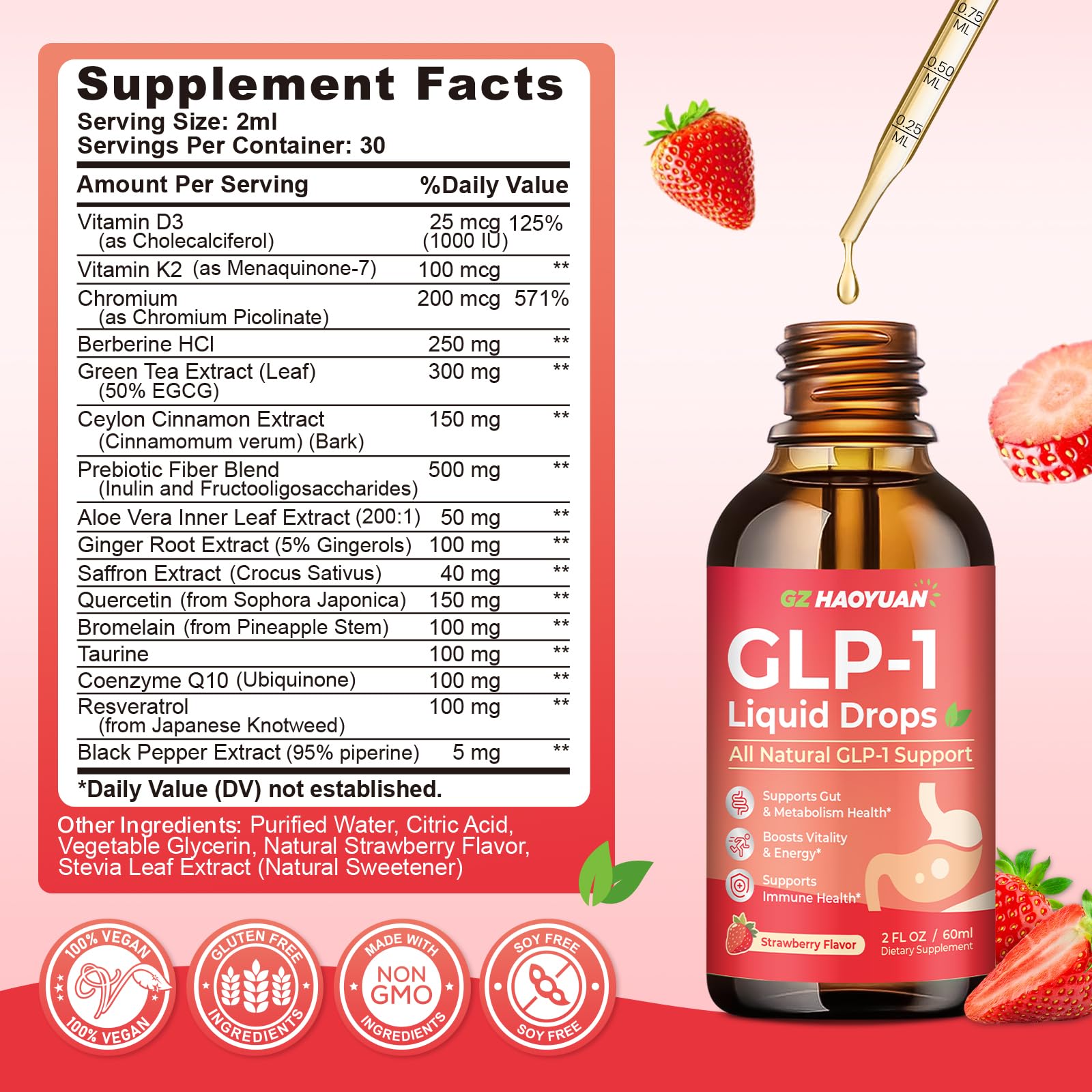 2 Pack GLP-1 Supplement, 16-in-1 GLP-1 Liquid Drops with Berberine, Ceylon Cinnamon, Green Tea, Chromium & Resveratrol, Naturally GLP 1 Support for Metabolism, Gut Digestion, Stawberry Flavor, 4 Fl Oz - TrustMedUSA