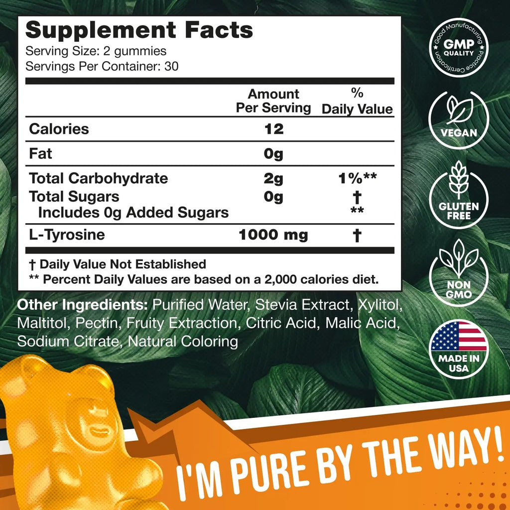 2 Pack - JOYLI L-Tyrosine Gummies 1000MG – Sugar-Free Vegan Focus Supplement & Mood Support for Kids & Adults – 500mg Per Gummy – Sleep Gummies for Memory, Energy & Wellness – 60 Pcs per Pack - TrustMedUSA