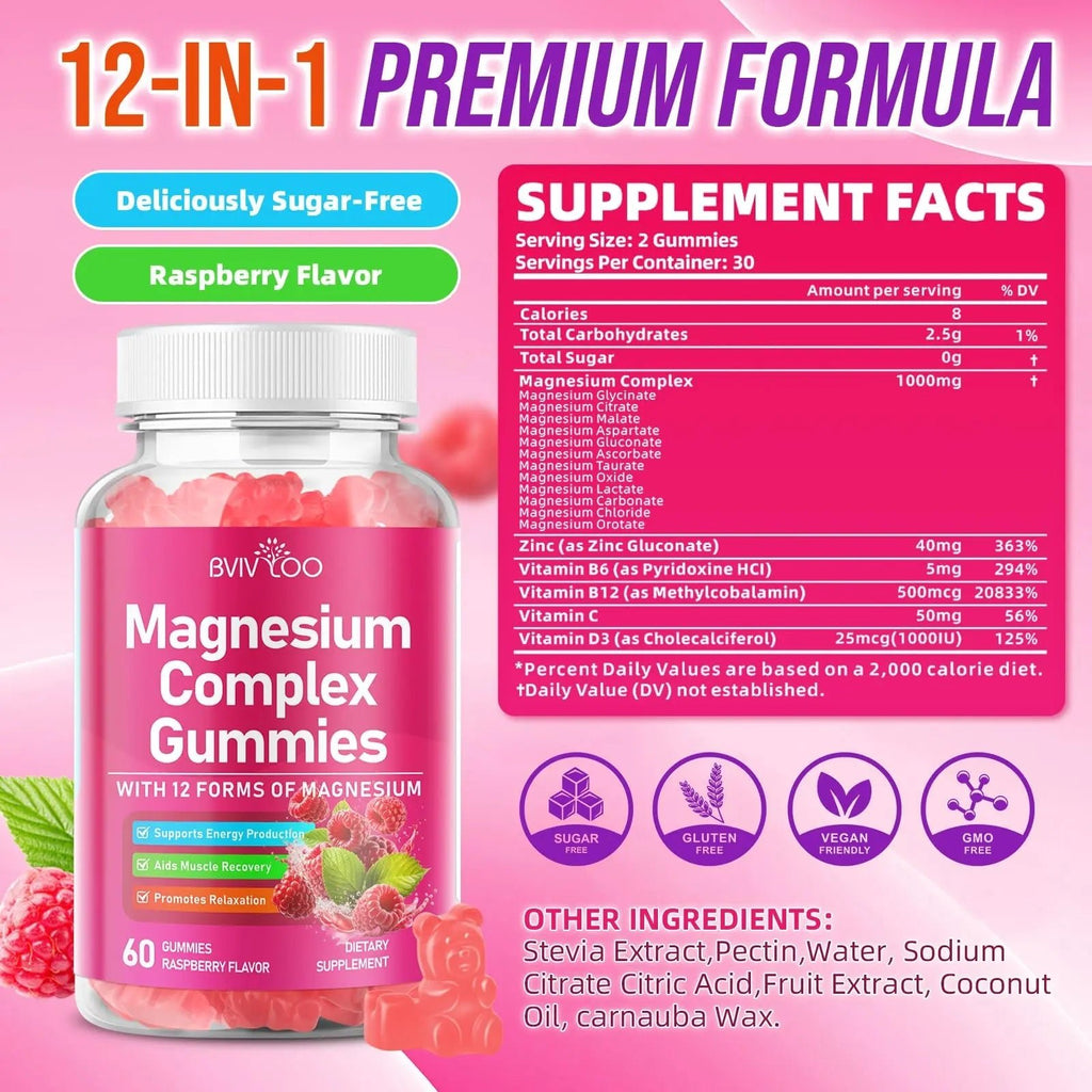 2 Pack Magnesium Complex Gummies – with 12 Forms of Magnesium Plus Vitamins B6, B12 & C. Vegan Strawberry Gummies to Support Mood, for Adults, 120 Count - TrustMedUSA
