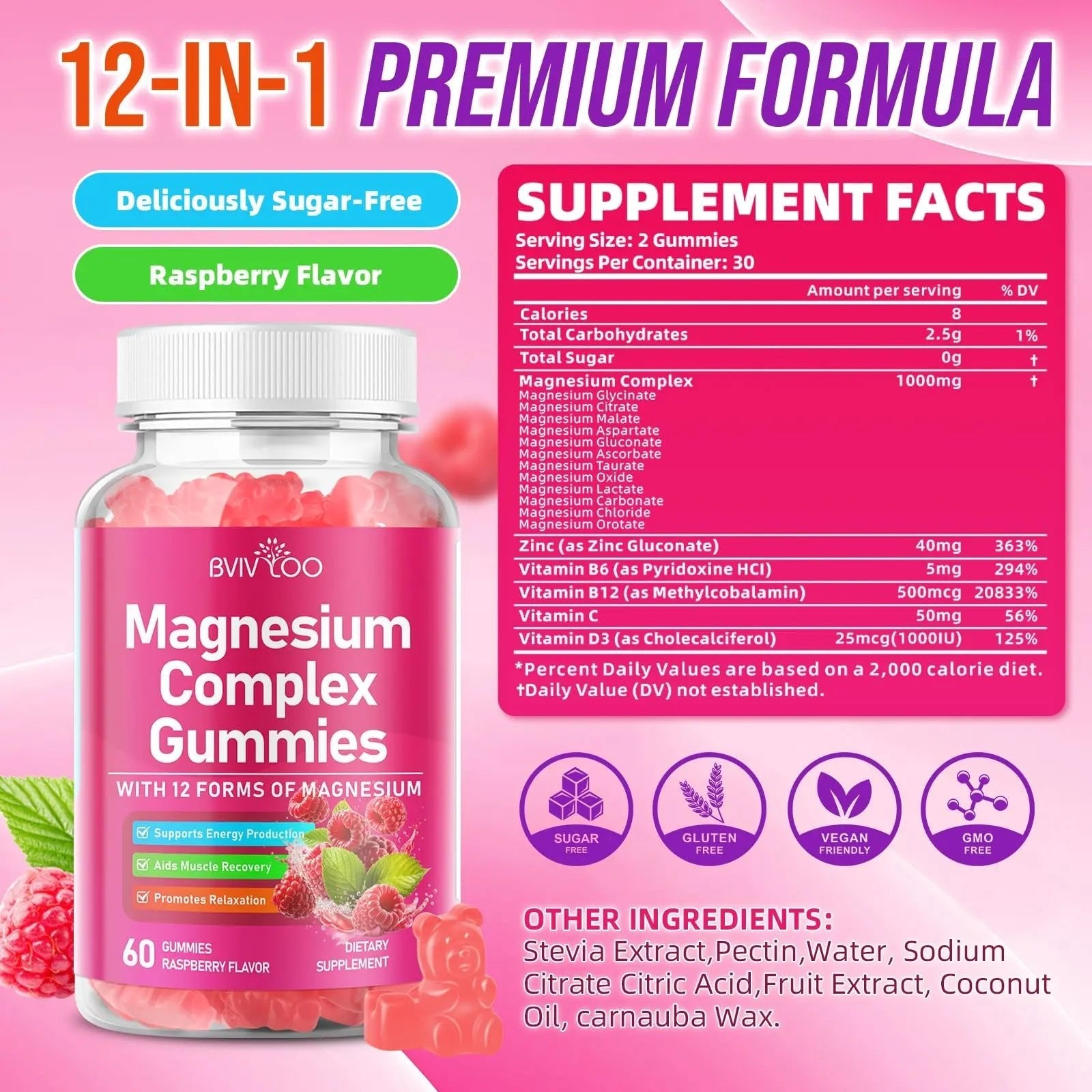 2 Pack Magnesium Complex Gummies – with 12 Forms of Magnesium Plus Vitamins B6, B12 & C. Vegan Strawberry Gummies to Support Mood, for Adults, 120 Count - TrustMedUSA