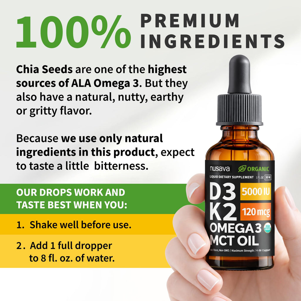 (2 Pack) Organic Vitamin D3 K2 Drops with MCT Oil Omega 3, 5000 IU, Maximum Strength Vitamin D Liquid, No Fillers, Non-GMO Liquid D3 for Faster Absorption and Immune Support (Unflavored, 2 Fl Oz) - TrustMedUSA