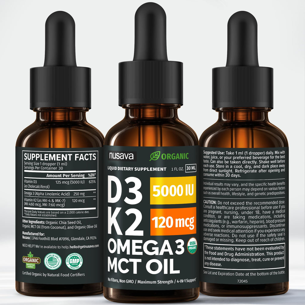 (2 Pack) Organic Vitamin D3 K2 Drops with MCT Oil Omega 3, 5000 IU, Maximum Strength Vitamin D Liquid, No Fillers, Non-GMO Liquid D3 for Faster Absorption and Immune Support (Unflavored, 2 Fl Oz) - TrustMedUSA