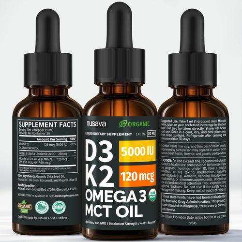 (2 Pack) Organic Vitamin D3 K2 Drops with MCT Oil Omega 3, 5000 IU, Maximum Strength Vitamin D Liquid, No Fillers, Non-GMO Liquid D3 for Faster Absorption and Immune Support (Unflavored, 2 Fl Oz) - TrustMedUSA
