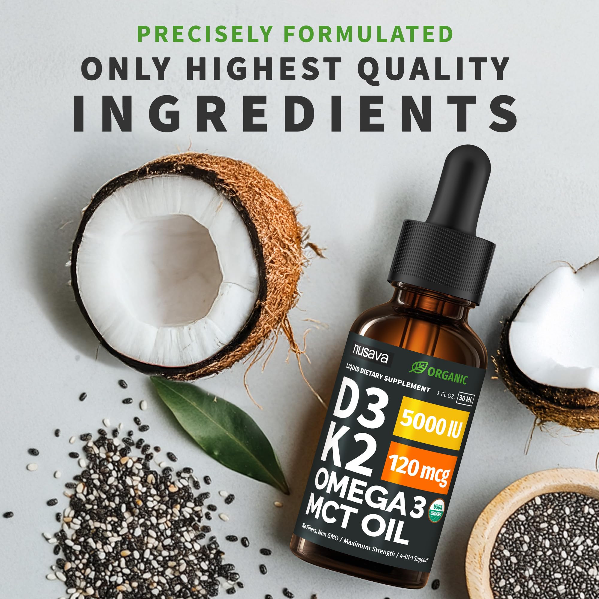 (2 Pack) Organic Vitamin D3 K2 Drops with MCT Oil Omega 3, 5000 IU, Maximum Strength Vitamin D Liquid, No Fillers, Non-GMO Liquid D3 for Faster Absorption and Immune Support (Unflavored, 2 Fl Oz) - TrustMedUSA