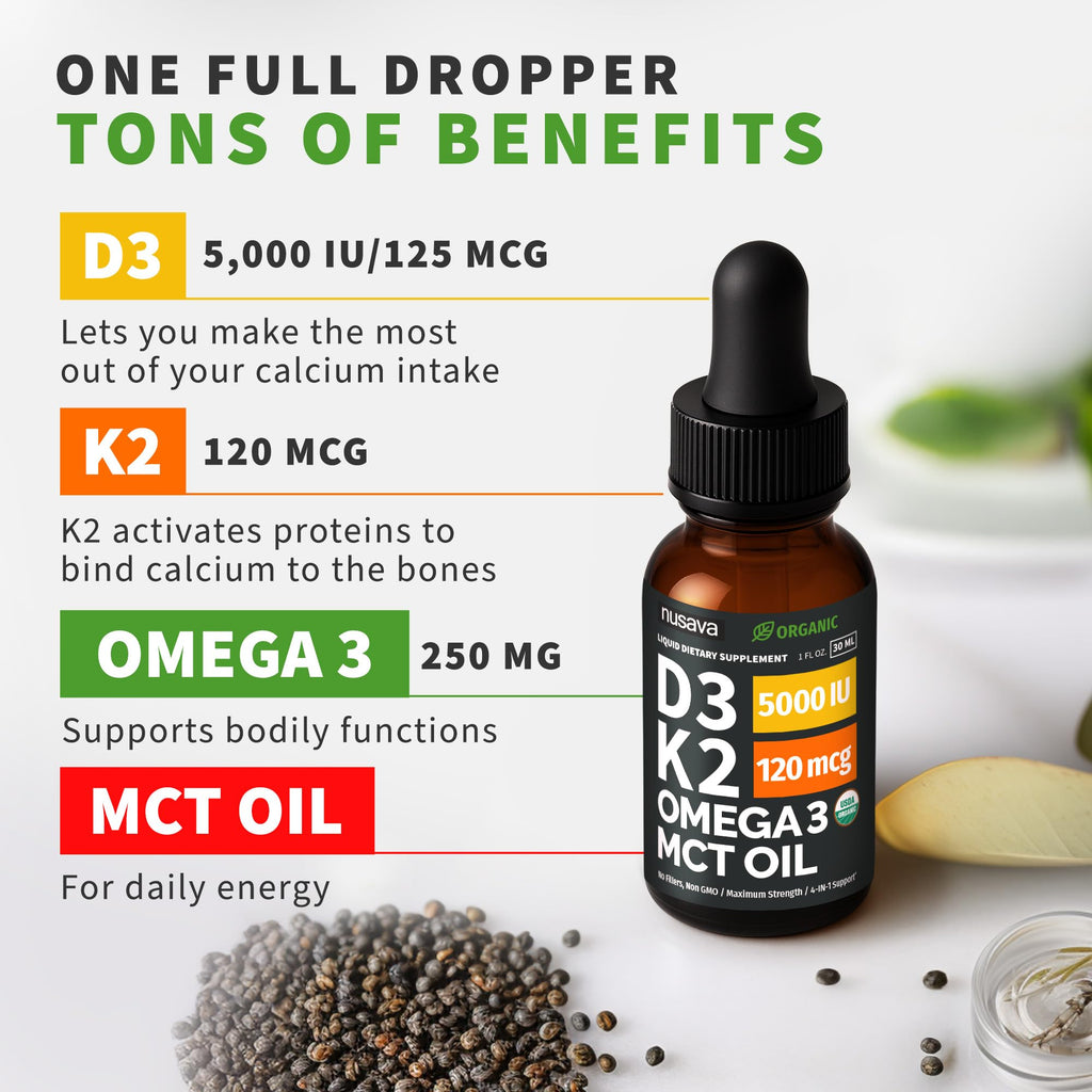 (2 Pack) Organic Vitamin D3 K2 Drops with MCT Oil Omega 3, 5000 IU, Maximum Strength Vitamin D Liquid, No Fillers, Non-GMO Liquid D3 for Faster Absorption and Immune Support (Unflavored, 2 Fl Oz) - TrustMedUSA