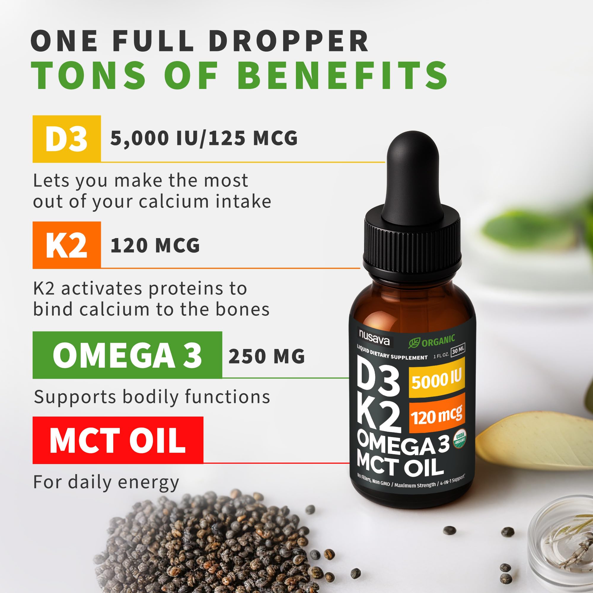 (2 Pack) Organic Vitamin D3 K2 Drops with MCT Oil Omega 3, 5000 IU, Maximum Strength Vitamin D Liquid, No Fillers, Non-GMO Liquid D3 for Faster Absorption and Immune Support (Unflavored, 2 Fl Oz) - TrustMedUSA