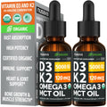 (2 Pack) Organic Vitamin D3 K2 Drops with MCT Oil Omega 3, 5000 IU, Maximum Strength Vitamin D Liquid, No Fillers, Non-GMO Liquid D3 for Faster Absorption and Immune Support (Unflavored, 2 Fl Oz) - TrustMedUSA