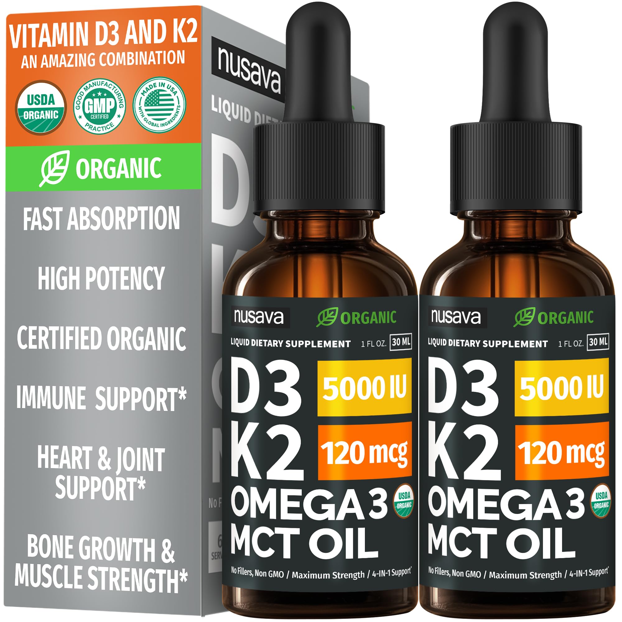 (2 Pack) Organic Vitamin D3 K2 Drops with MCT Oil Omega 3, 5000 IU, Maximum Strength Vitamin D Liquid, No Fillers, Non-GMO Liquid D3 for Faster Absorption and Immune Support (Unflavored, 2 Fl Oz) - TrustMedUSA